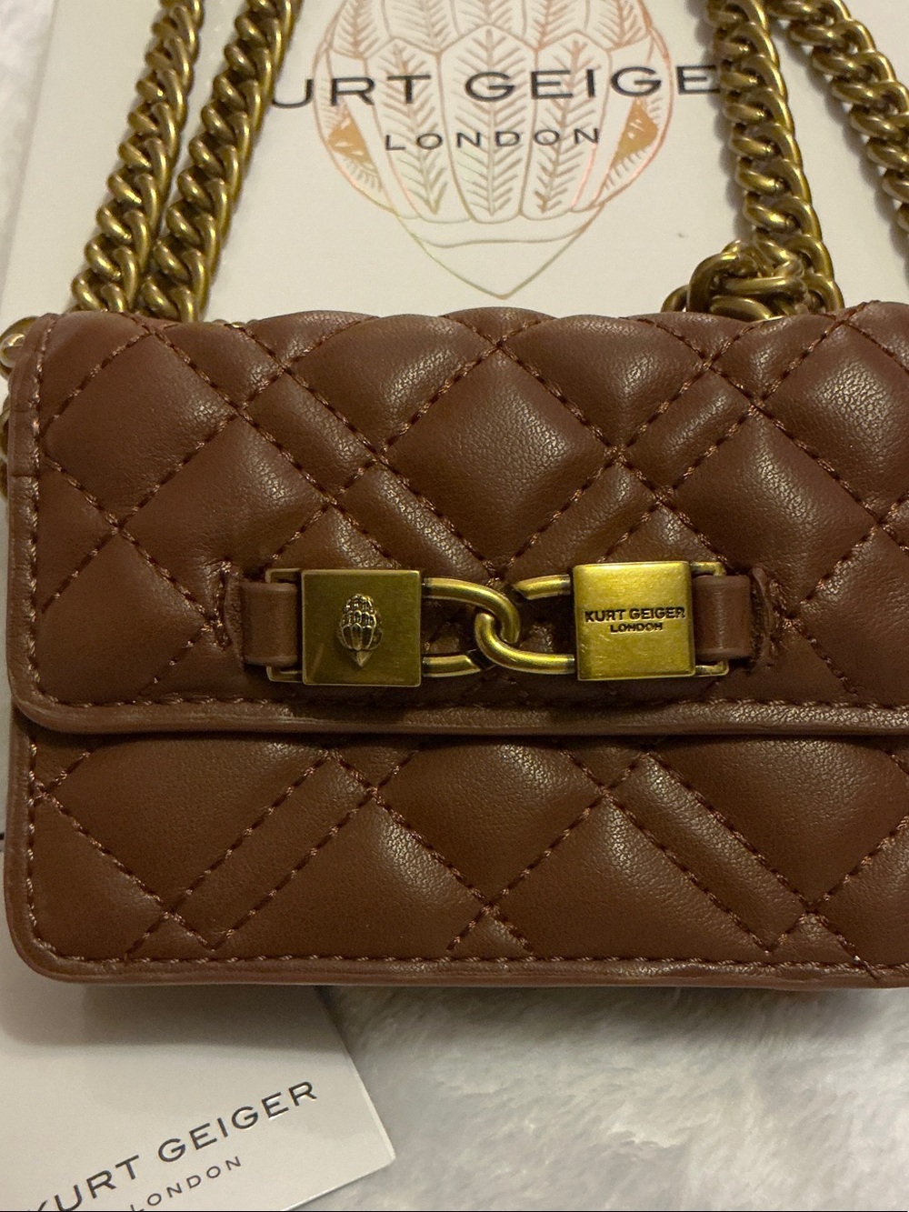Kurt Geiger Quilted Brown Leather Micro Kingsley Crossbody chain purse 👜 - Picture 2 of 7
